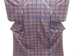 アンティーク　格子織り出し米沢紬着物アンサンブル